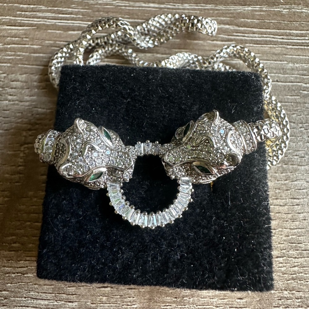 Sterling Silver Pavé Panther Head Necklace with Emerald Accents